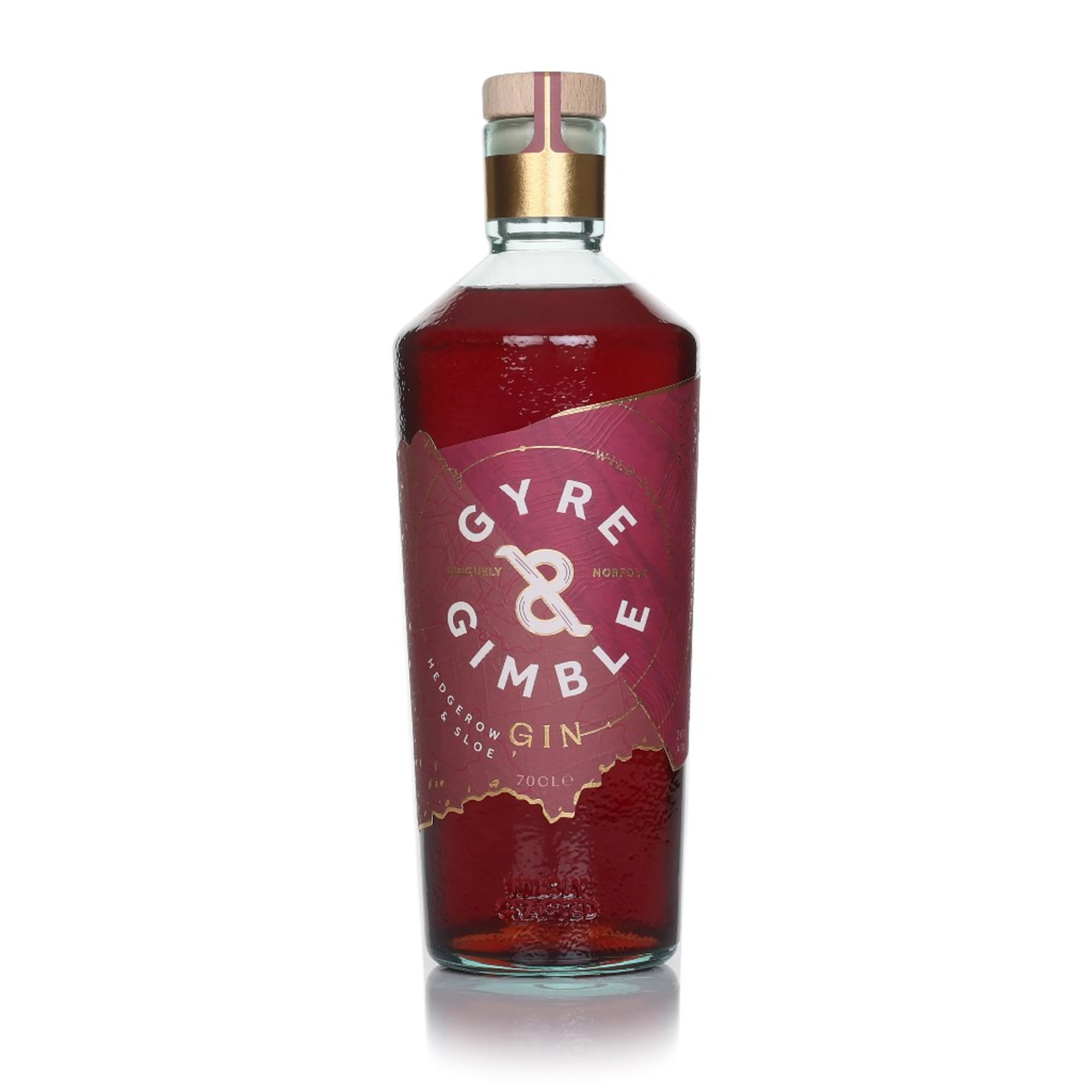 Bottle of Gyre & Gimble Sloe Gin on a white background